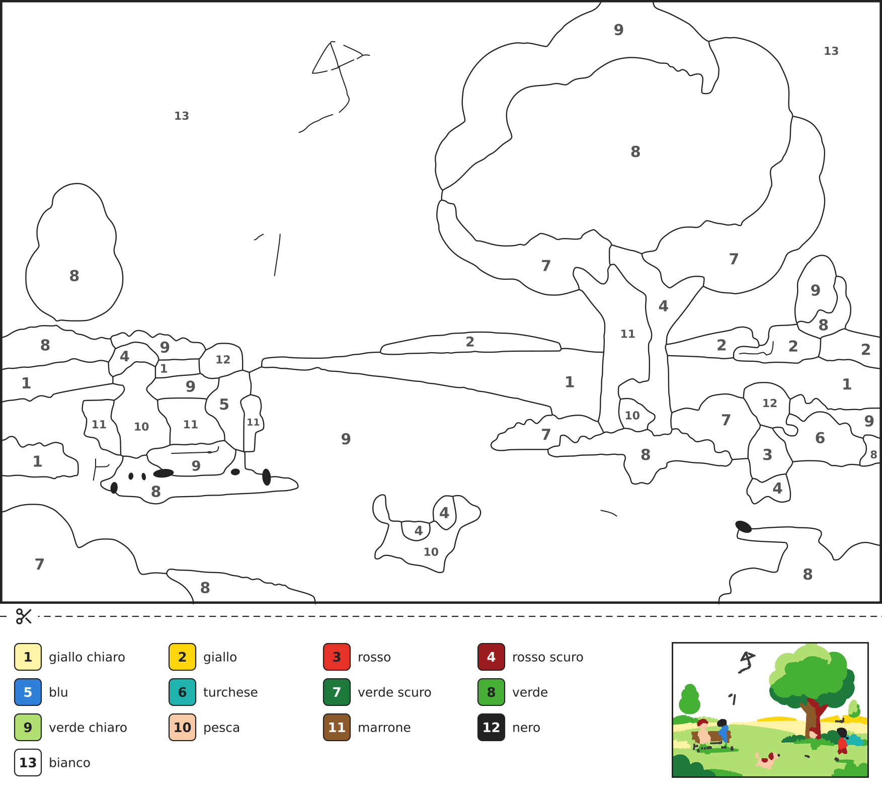 Disegno da colorare con i numeri che mostra dei bambini che fanno volare gli aquiloni in un parco con un grande albero, una panchina e un cagnolino che corre.