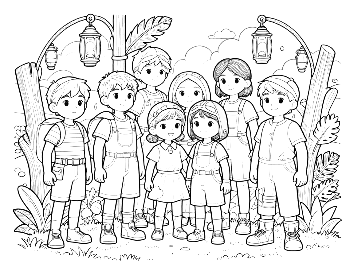 Disegno da colorare con un gruppo di bambini in costume che posano insieme in un giardino decorato con lanterne appese e piante.