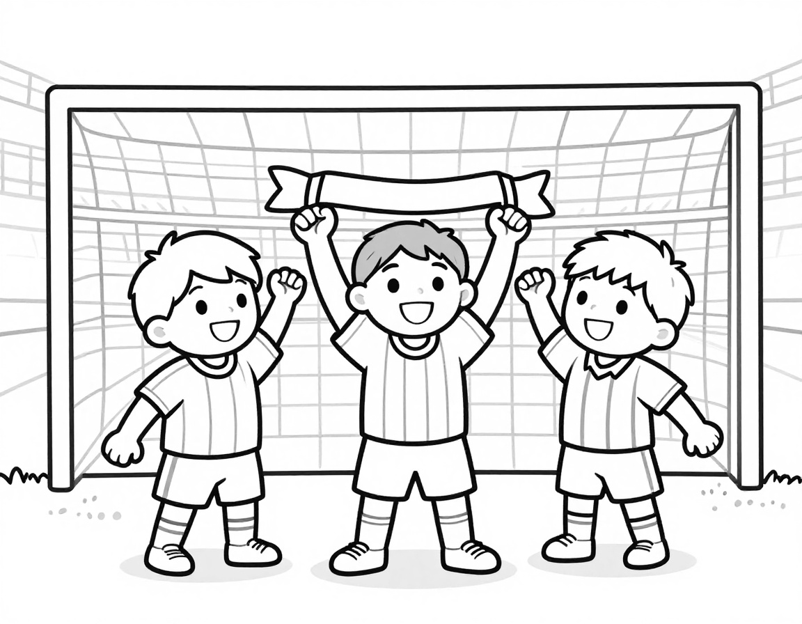 Disegno da colorare con tre bambini in maglia a righe che esultano tenendo alta una sciarpa davanti a una grande porta da calcio.