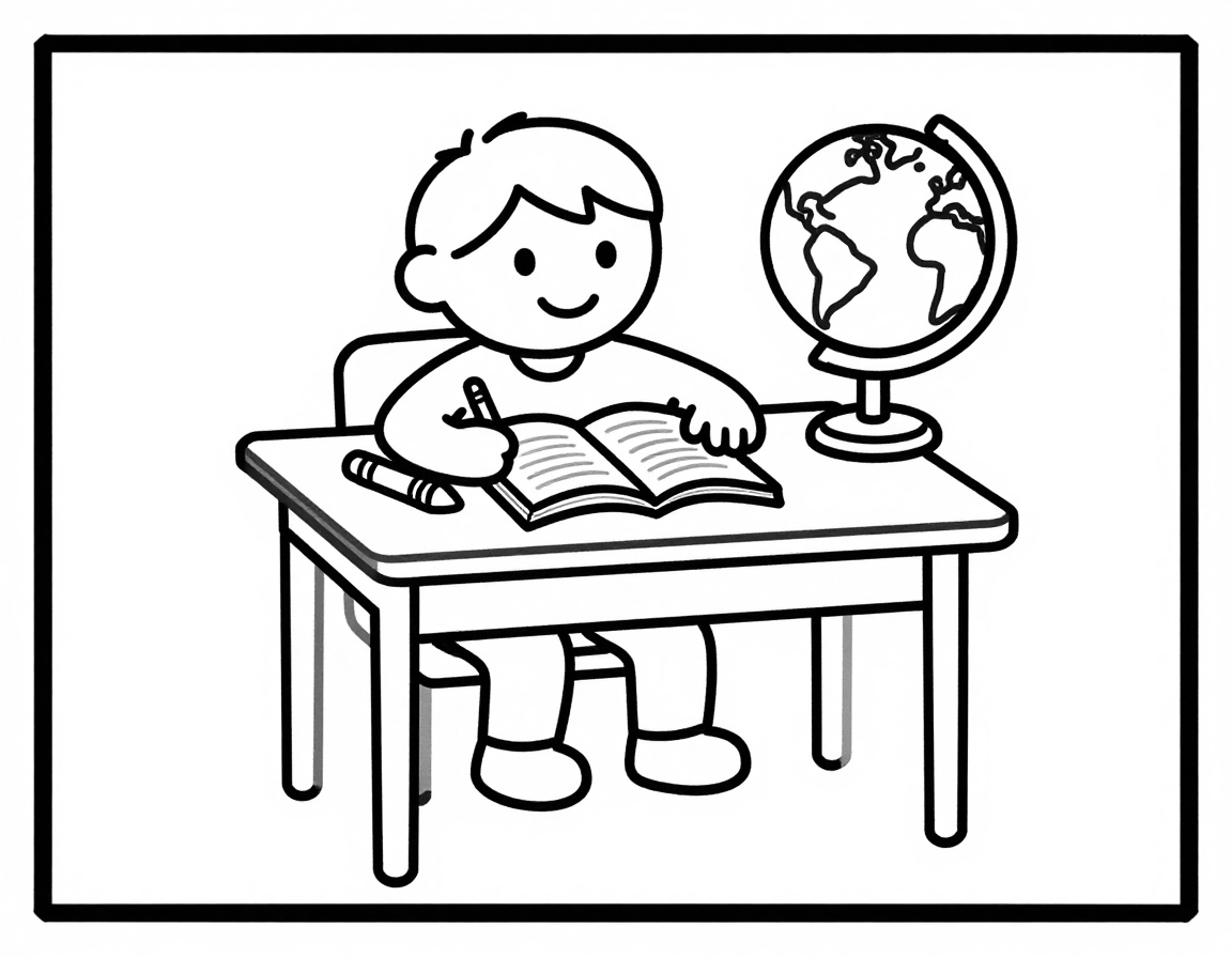 Disegno da colorare di un bambino seduto al banco che scrive sul quaderno con un mappamondo e un pastello accanto