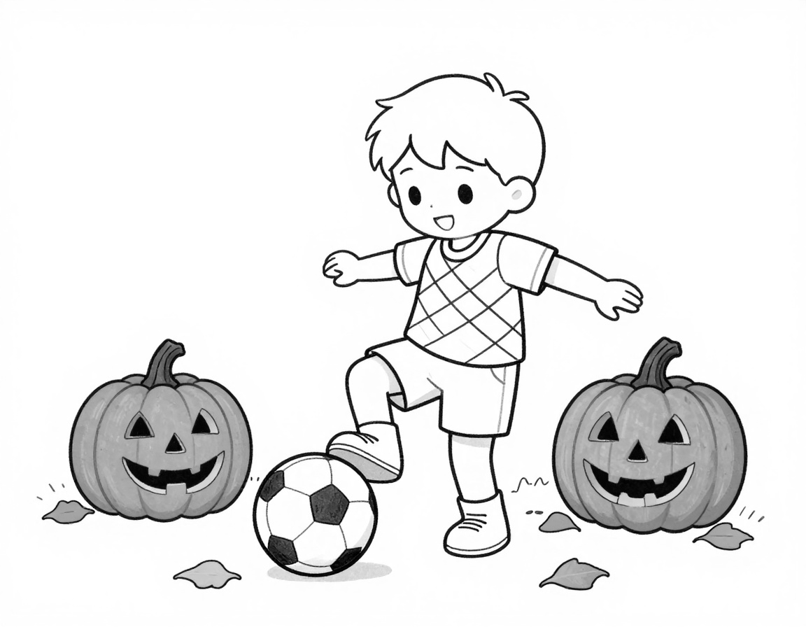 Disegno da colorare di un bambino che calcia un pallone da calcio tra le foglie d'autunno, con due zucche intagliate ai lati.