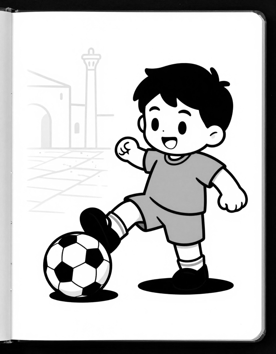 Disegno da colorare con un bambino tifoso in maglia azzurra che calcia un pallone su una piazza romana lastricata