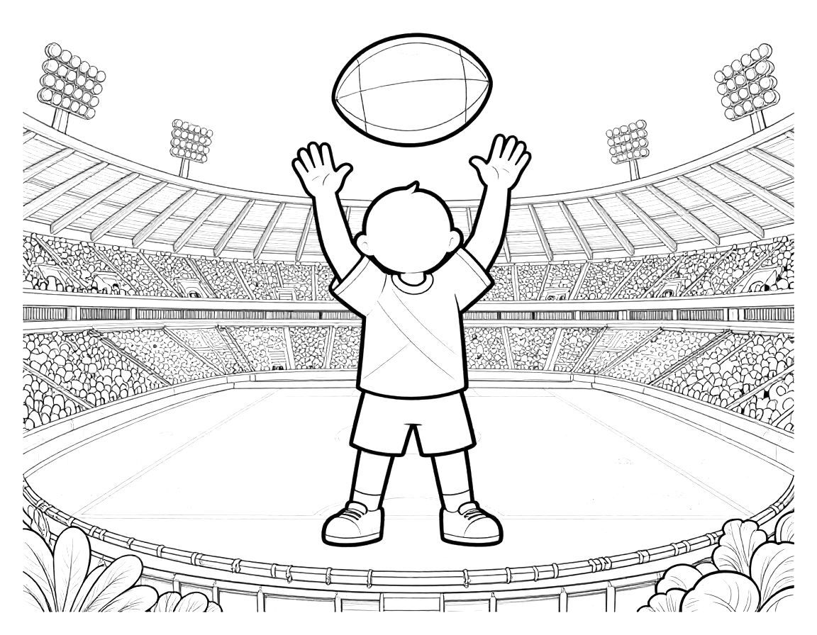 Disegno da colorare di un bambino con la maglia a fascia rossonera che palleggia un pallone da calcio al centro di uno stadio pieno di tifosi.