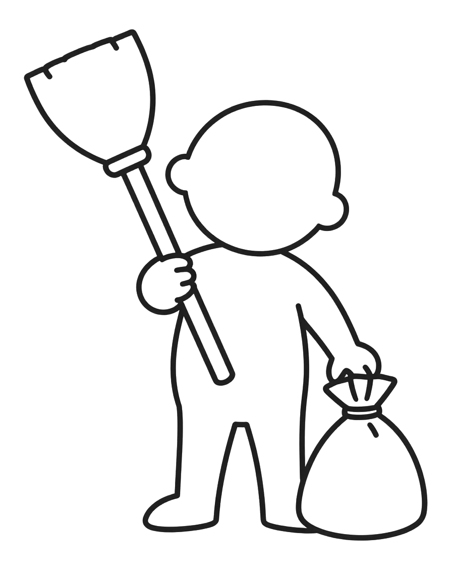 Disegno da colorare con la Befana che tiene in mano una grande scopa e un sacchetto di dolci legato al manico.