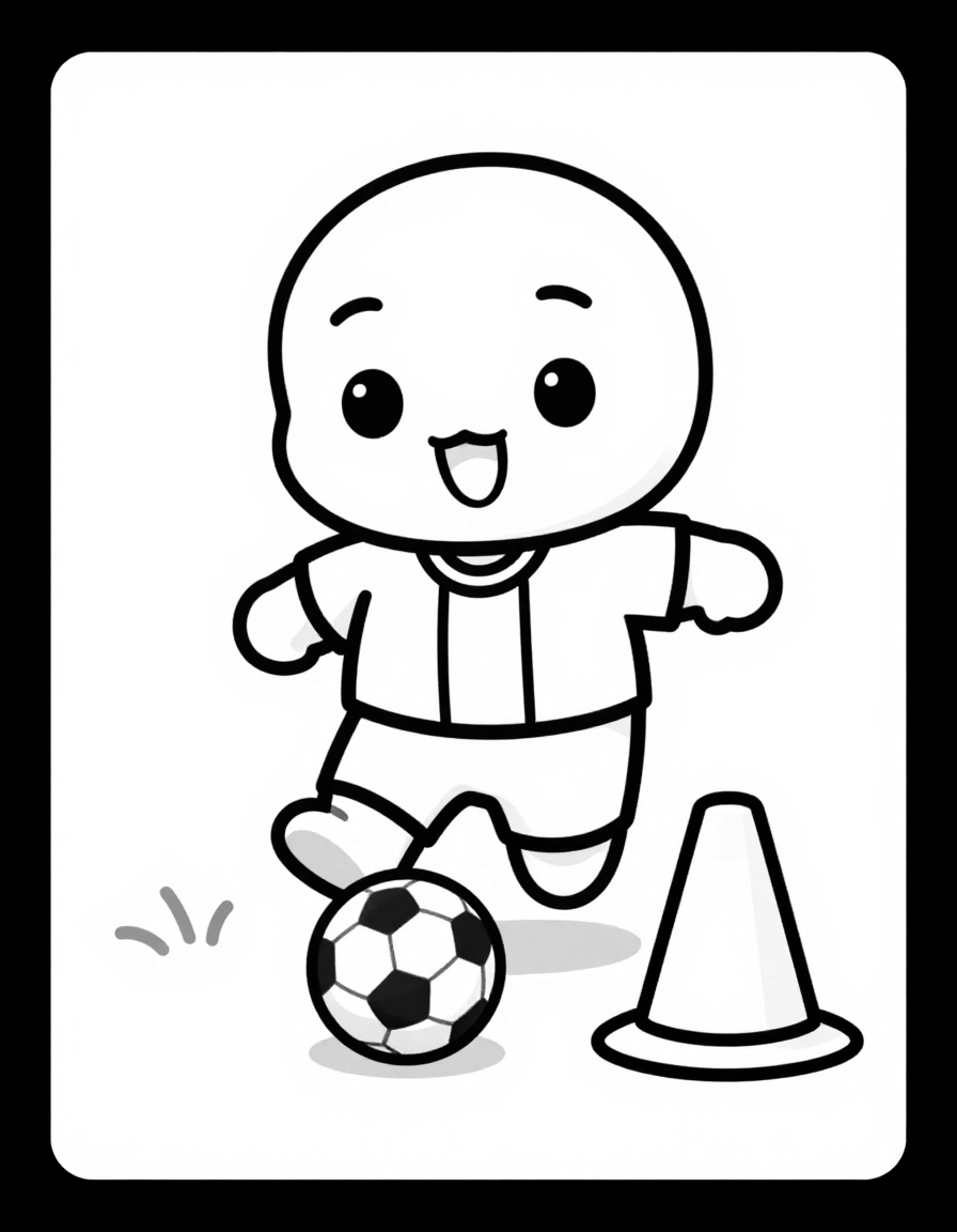 Disegno da colorare con un calciatore sorridente che dribbla un pallone accanto a un cono sul campo.