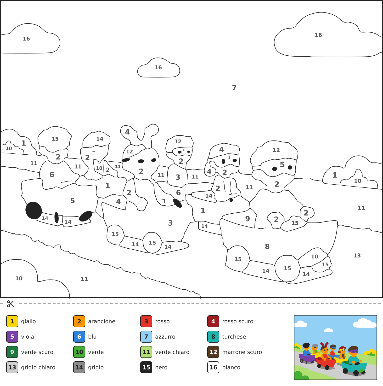 Disegno da colorare con i numeri che mostra bambini in maschera con coriandoli e carri colorati durante una sfilata di Carnevale in piazza.