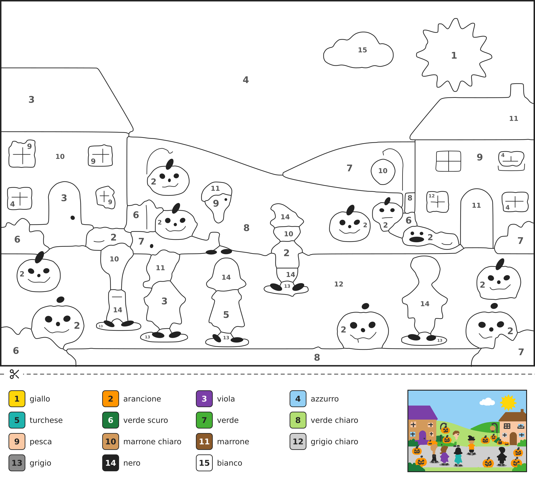 Disegno da colorare con i numeri che mostra bambini in costume da Halloween che fanno dolcetto o scherzetto tra le case di un villaggio, con zucche intagliate e lanterne di carta.