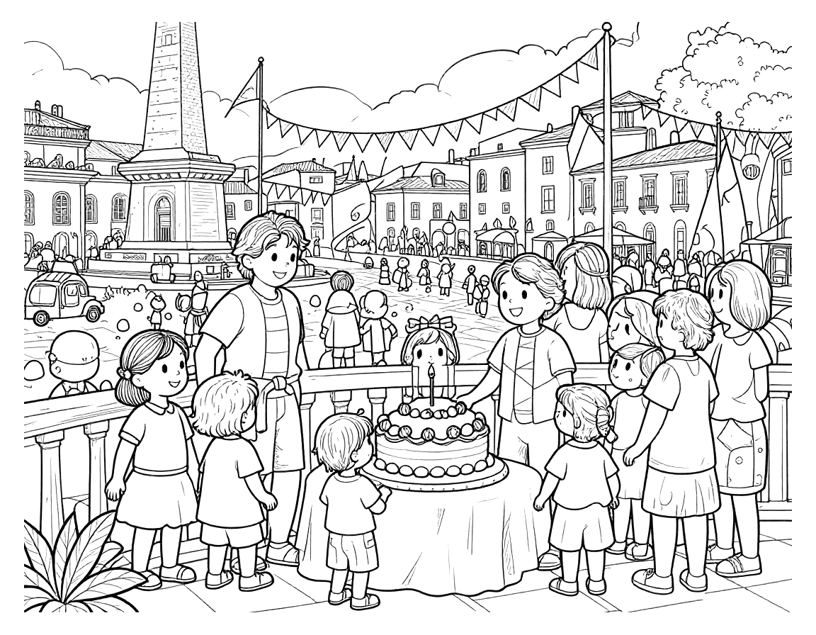 Disegno da colorare di una famiglia italiana che festeggia la Repubblica su un balcone affacciato su una piazza con monumento, bandiere e una grande torta.