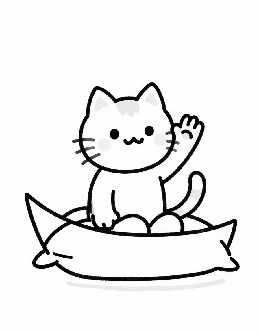 Disegno da colorare con un gatto felice seduto su un cuscino in una gondola che saluta con la zampa