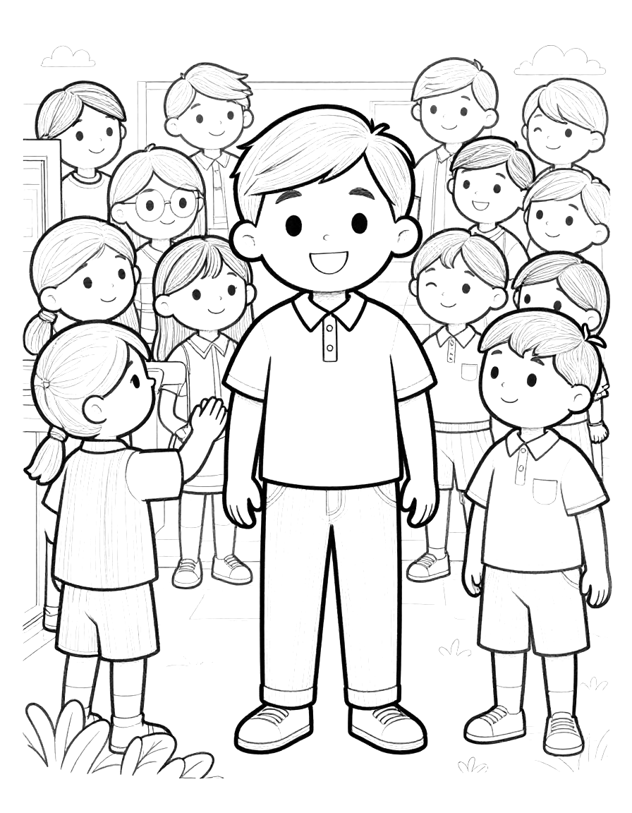 Disegno da colorare di un insegnante sorridente che accoglie gli alunni sulla porta della classe, con tanti bambini intorno.