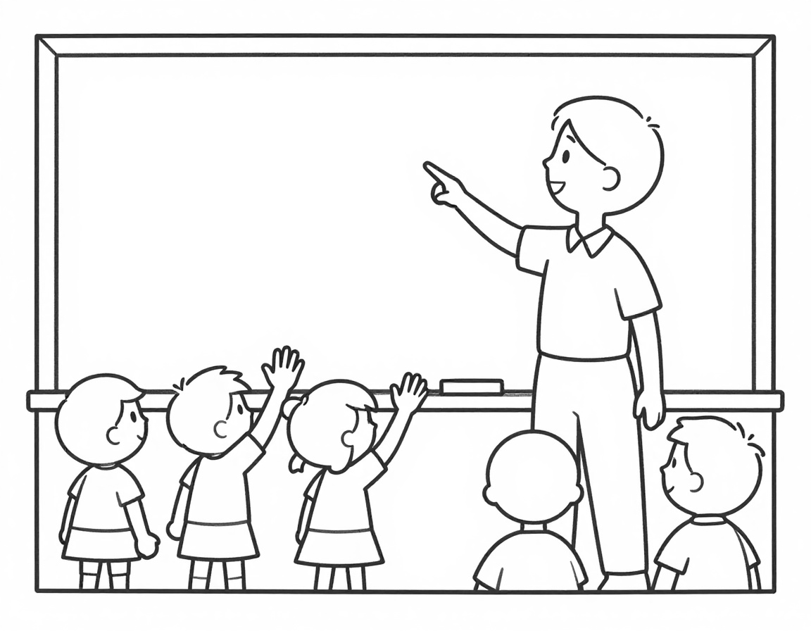 Disegno da colorare di una maestra che indica una lavagna vuota mentre alcuni bambini alzano la mano per rispondere.