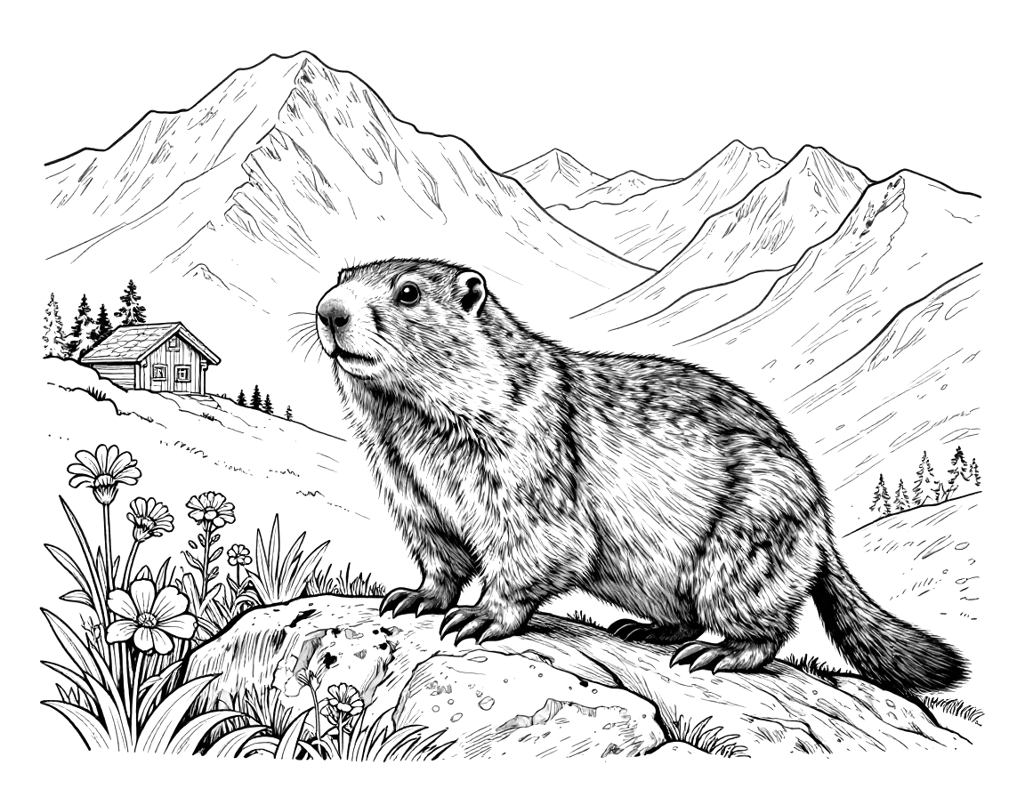 Disegno da colorare con una marmotta in allerta su una roccia alpina, fiori di montagna, cime innevate e un piccolo chalet di legno.