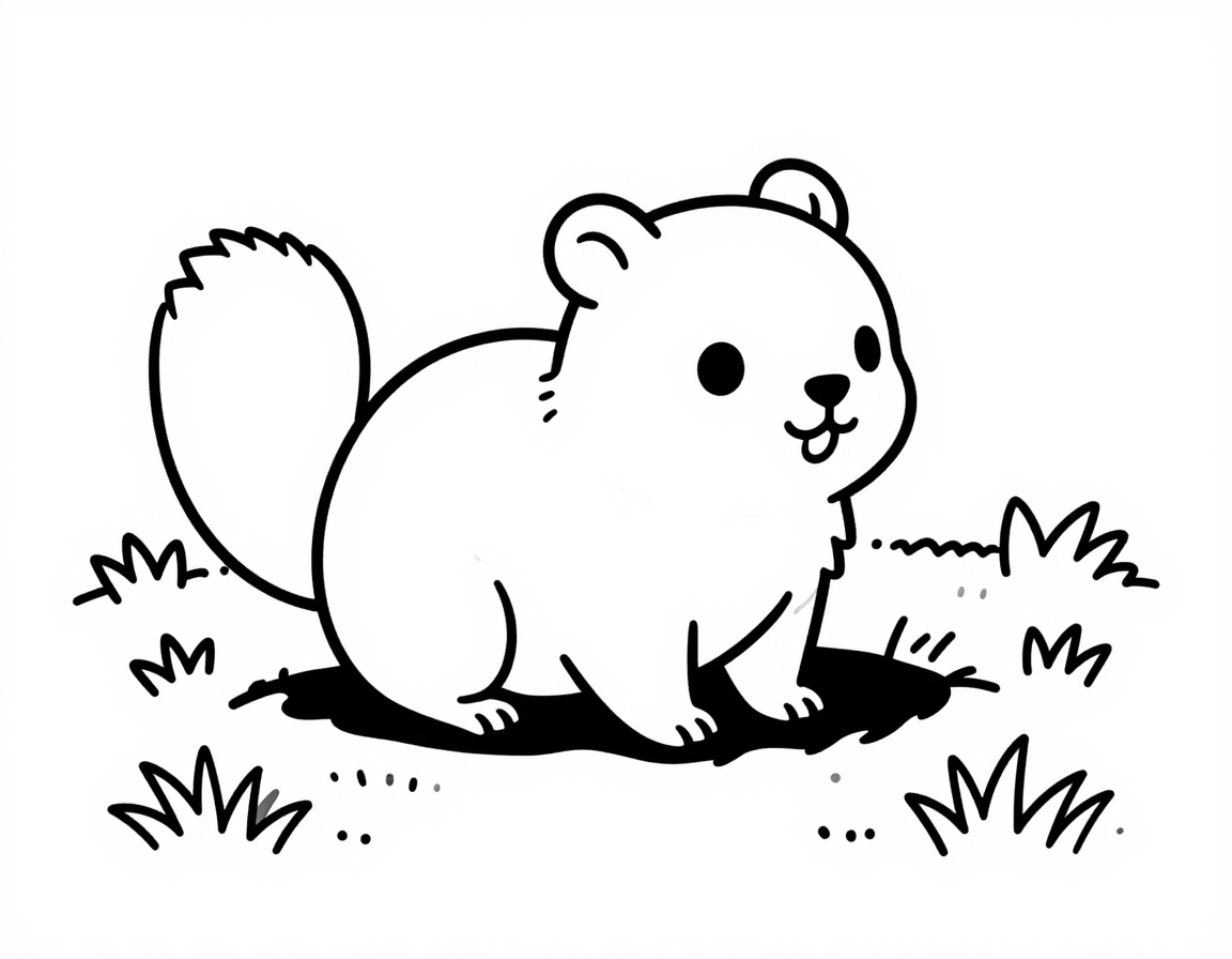 Disegno da colorare con una marmotta sorridente che esce dalla tana e saluta con una zampa in un prato alpino.