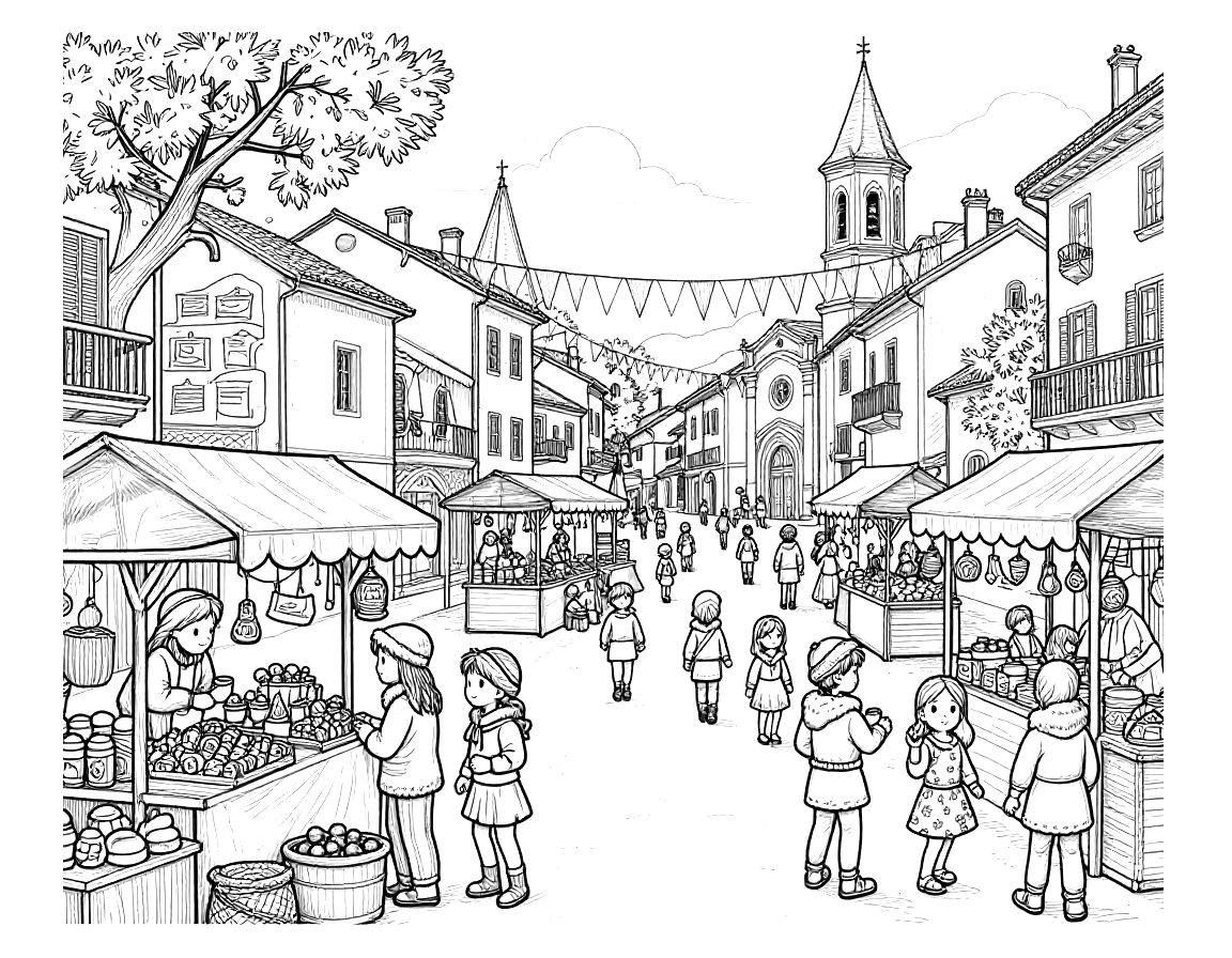 Disegno da colorare di una piazza italiana la mattina dell'Epifania, con bancarelle di dolci e giocattoli, famiglie a passeggio e una chiesa sullo sfondo.