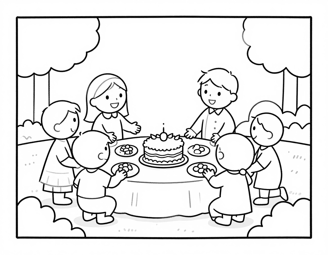 Disegno da colorare con una famiglia riunita a un tavolo per un picnic e una bambina in abito bianco per la Prima Comunione