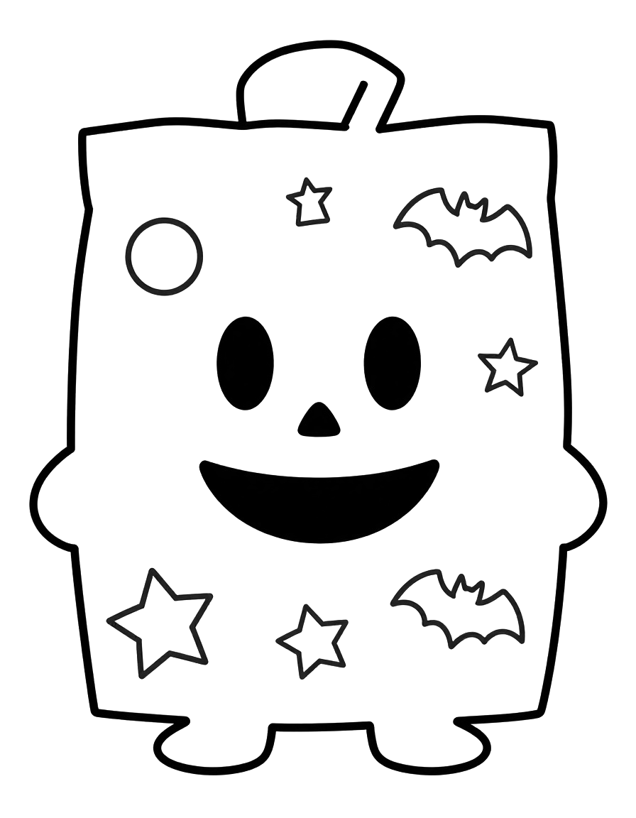 Disegno da colorare di un sacchetto di Halloween con pipistrelli e stelle, con una faccia sorridente.