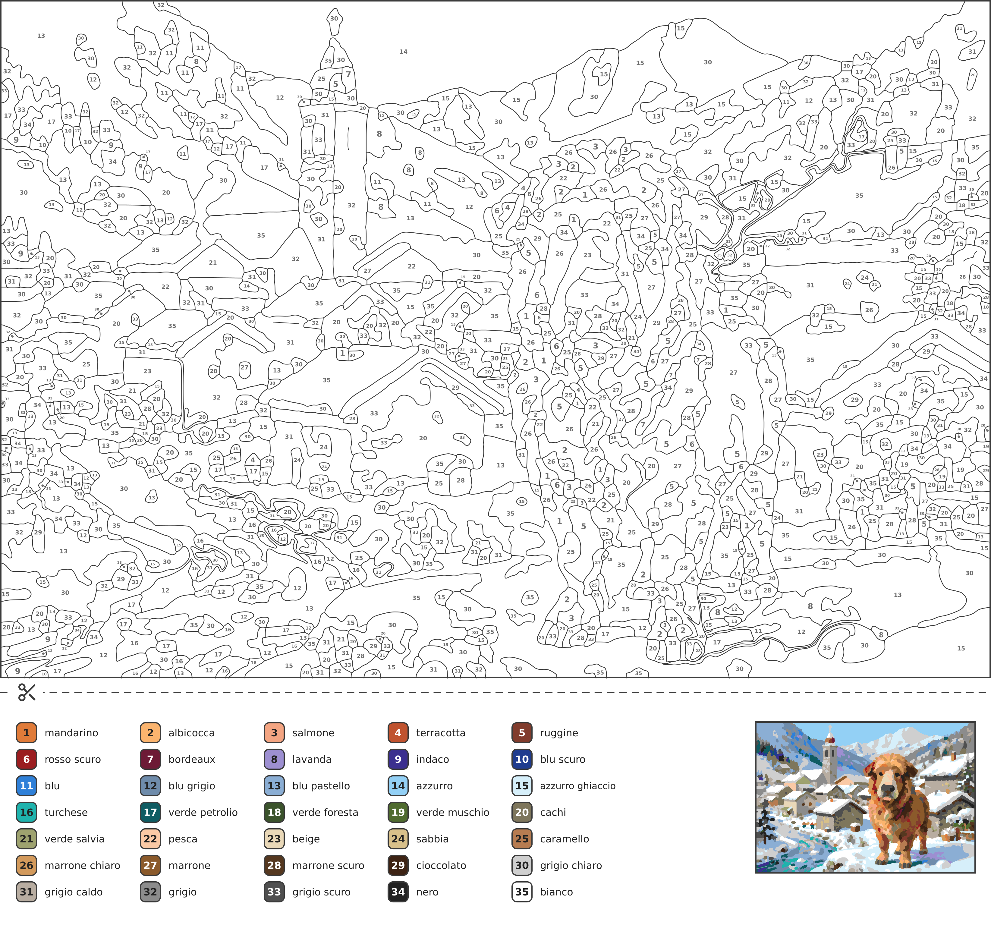 Disegno da colorare con i numeri che mostra un villaggio di montagna innevato con case in pietra, campanile, fumo dai camini e un fiume ghiacciato.