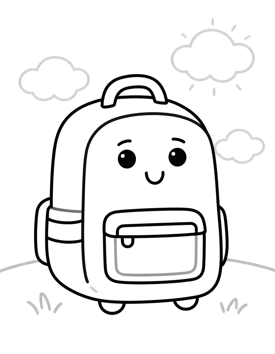 Disegno da colorare con uno zaino sorridente, un portamerenda e una borraccia su un prato con nuvole e sole.
