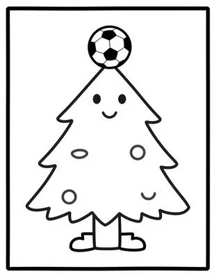 Disegno da colorare di un albero di Natale sorridente con un pallone da calcio sulla punta e un bambino in maglia azzurra.