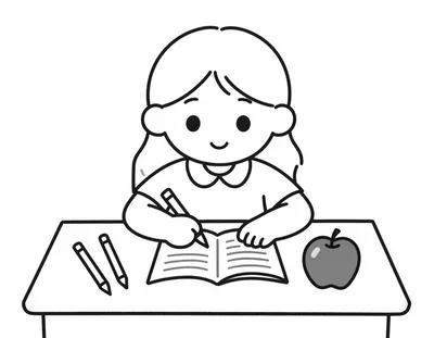 Disegno da colorare di una bambina seduta al banco di scuola che scrive sul quaderno con le matite accanto e una mela rossa