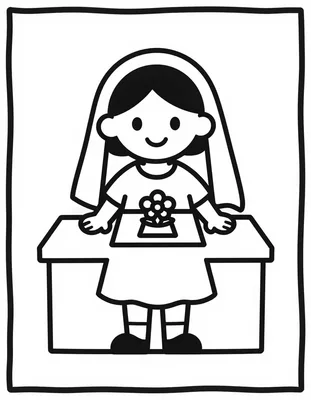 Disegno da colorare di una bambina sorridente con il velo bianco in piedi accanto a un altare decorato con fiori e un'ostia.