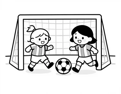 Disegno da colorare con due bambine in maglia a strisce che rincorrono un pallone da calcio davanti a una porta con rete.