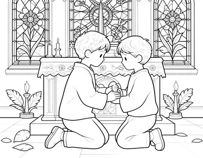 Disegno da colorare con due bambini inginocchiati davanti all'altare di una chiesa, tra candele, fiori e vetrate istoriate.