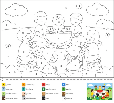 Disegno da colorare con i numeri che mostra tre bambini a tavola in giardino mentre condividono una grande fetta di anguria, con api e fiori intorno.