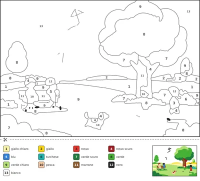 Disegno da colorare con i numeri che mostra dei bambini che fanno volare gli aquiloni in un parco con un grande albero, una panchina e un cagnolino che corre.