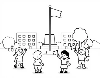 Disegno da colorare con quattro bambini che agitano bandierine vicino a un grande pennone in una piazza soleggiata con monumento