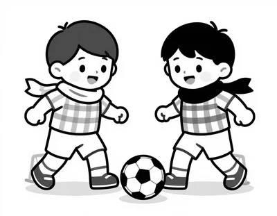 Disegno da colorare con due bambini in maglia a strisce che calciano un pallone tra due porte in un parco.