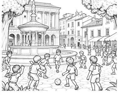 Disegno da colorare con bambini che giocano a calcio in una piazza romana con fontana e sampietrini