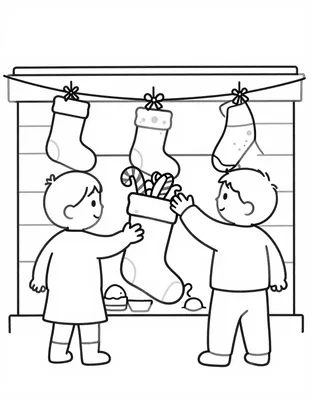 Disegno da colorare con due bambini che appendono le calze della Befana davanti al camino, una piena di caramelle e dolcetti.