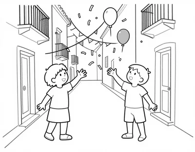 Disegno da colorare con due bambini che lanciano coriandoli in una strada stretta italiana durante la sfilata di Carnevale.