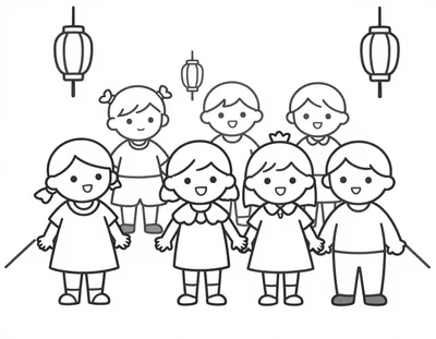 Disegno da colorare con un gruppo di bambini in costume che cammina lungo una strada illuminata da lanterne di Halloween.
