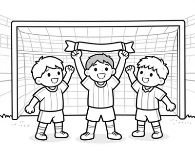 Disegno da colorare con tre bambini in maglia a righe che esultano tenendo alta una sciarpa davanti a una grande porta da calcio.