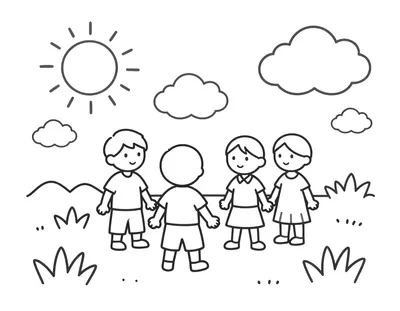 Disegno da colorare con quattro bambini che si tengono per mano in un cortile scolastico durante la ricreazione, con sole, nuvole e ciuffi d'erba.