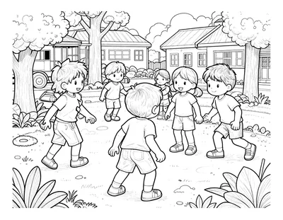 Disegno da colorare con un gruppo di bambini che giocano insieme nel cortile della scuola durante la ricreazione, tra alberi e case.