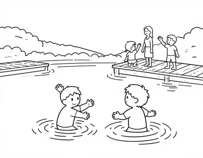 Disegno da colorare con due bambini che sguazzano nel lago mentre i genitori li salutano dal pontile di legno