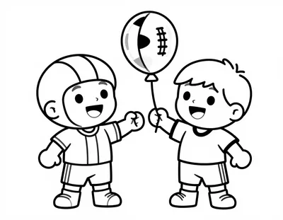 Disegno da colorare con due bambini in maglia da calcio che tengono insieme un palloncino a forma di pallone a una festa di compleanno.