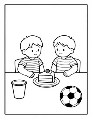 Disegno da colorare con due bambini in maglietta a righe che condividono una fetta di torta a un tavolo, con un pallone da calcio accanto.