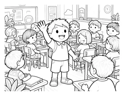 Disegno da colorare con un bambino sorridente che alza la mano in aula, circondato da banchi, compagni e una lavagna