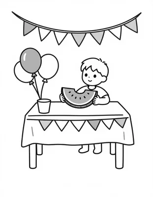 Disegno da colorare di un bambino che tiene una fetta di anguria a un tavolo da picnic addobbato con bandierine e palloncini.
