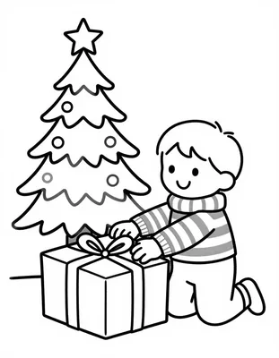 Disegno da colorare di un bambino con maglia a strisce e sciarpa che apre un pacco regalo a forma di pallone, con un albero di Natale alle spalle.