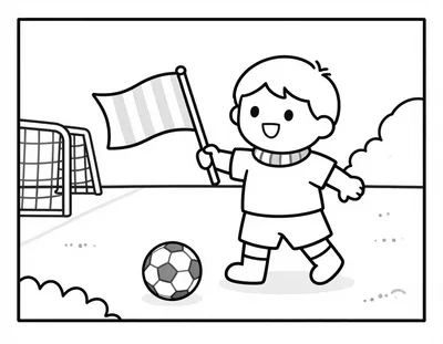 Disegno da colorare con un bambino che indossa una sciarpa a righe e tiene una bandierina accanto alla porta, con un pallone ai suoi piedi.