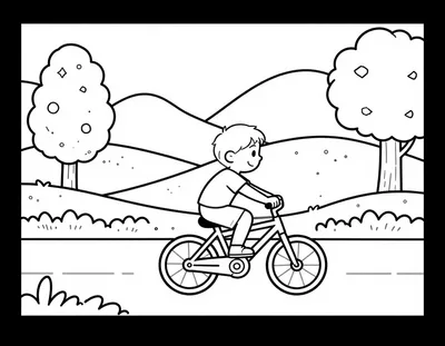 Disegno da colorare con un bambino che pedala in bicicletta su una strada di campagna tra colline e alberi