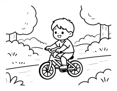 Disegno da colorare di un bambino felice che pedala su una piccola bicicletta con le rotelle lungo un sentiero del parco in una giornata di sole.