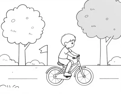 Disegno da colorare con un bambino che pedala su una bicicletta con una bandierina sul manubrio lungo un viale pieno di alberi.