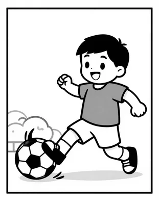 Disegno da colorare con un bambino sorridente in maglietta azzurra che calcia un pallone da calcio in un parco soleggiato.