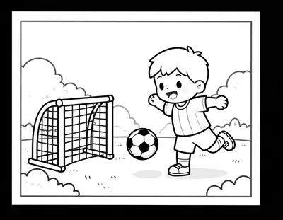 Disegno da colorare di un bambino sorridente con la maglia a strisce che calcia un pallone verso una piccola porta in giardino